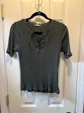 Madewell Olive Green Ribbed Lace-Up Short Sleeve Top